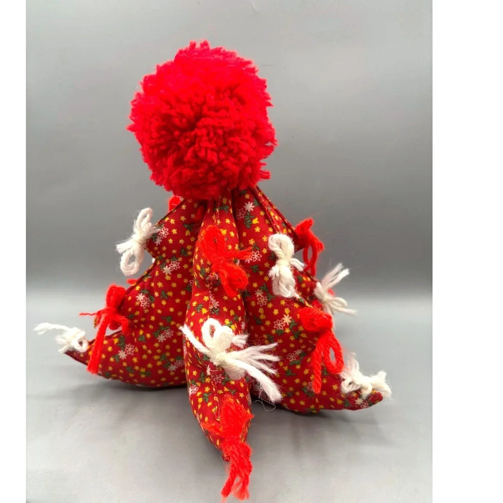 Vtg Handmade Fabric Christmas Tree Red Floral Calico Yarn Pom Pom Decor Stuffed